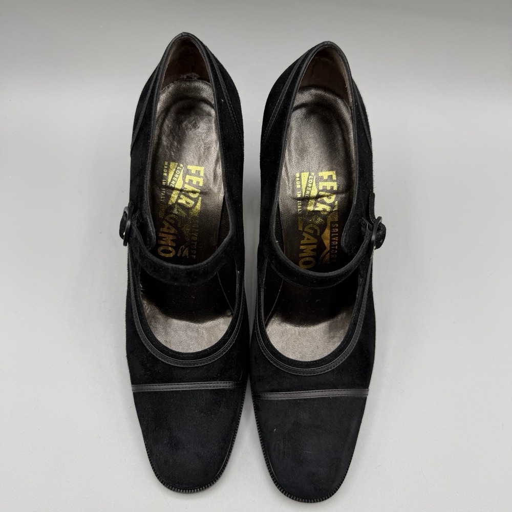 Salvatore Ferragamo Size 6C Black Calf Suede Heeled Mary Jane Designer Pumps - Picture 3 of 15